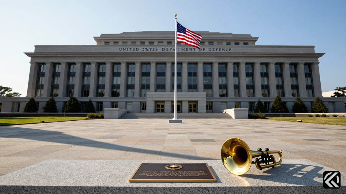 The Pentagon building exterior with an American flag and military brass bugle on a stone ledge.