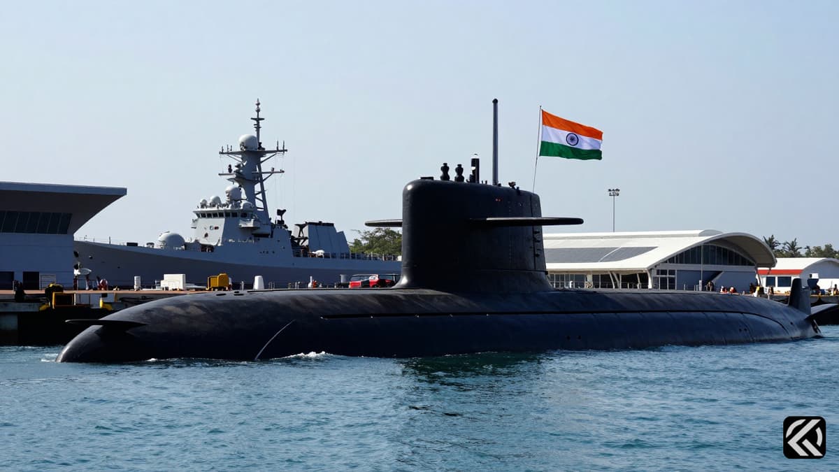 A realistic photo of the new Indian nuclear submarine INS Aridhaman at the Visakhapatnam naval base with the Indian flag flying.