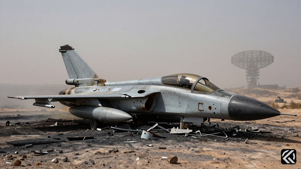 Wreckage of a downed aircraft on an arid plateau under smoke-filled skies.