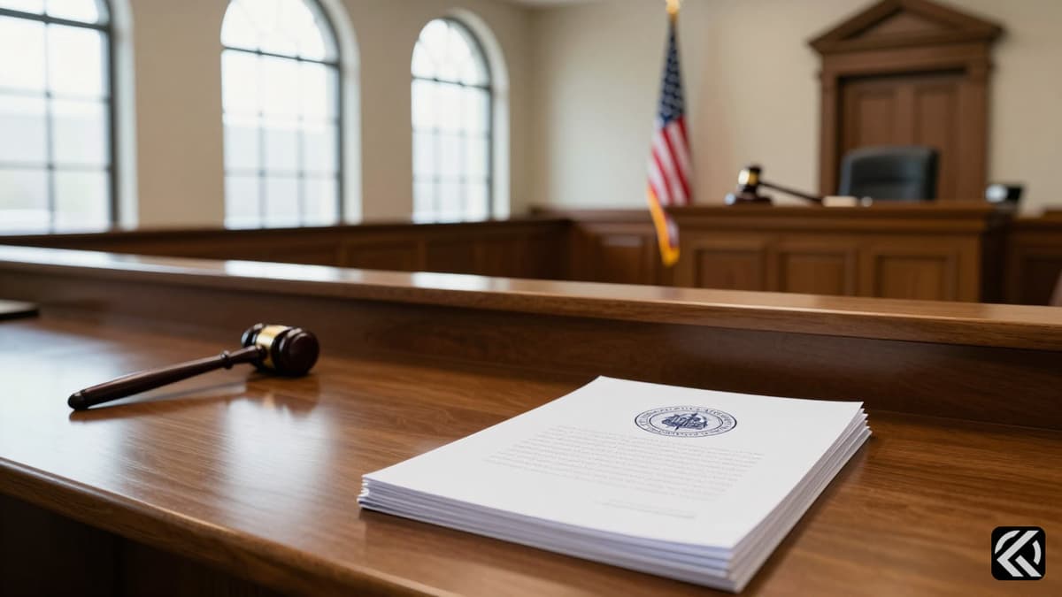 A realistic courtroom scene with a judge's bench, gavel, and documents symbolizing a federal judge's ruling on legal authority.