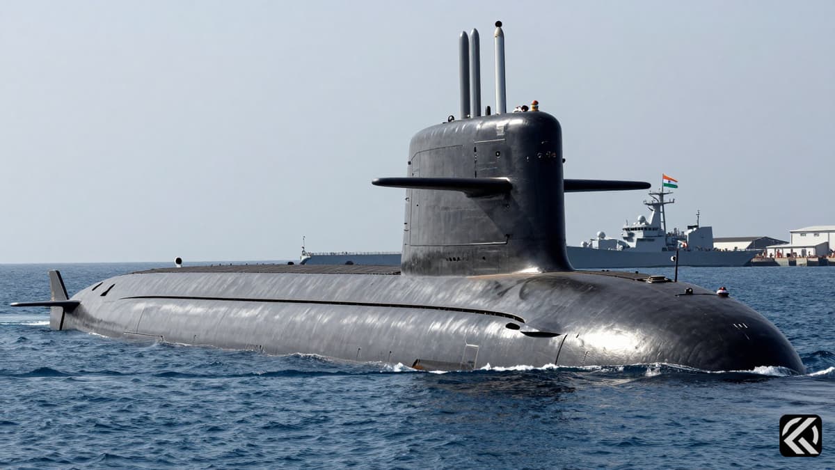 A realistic photo of a large grey ballistic missile submarine hull emerging from blue ocean waters near a naval dockyard with an Indian flag.