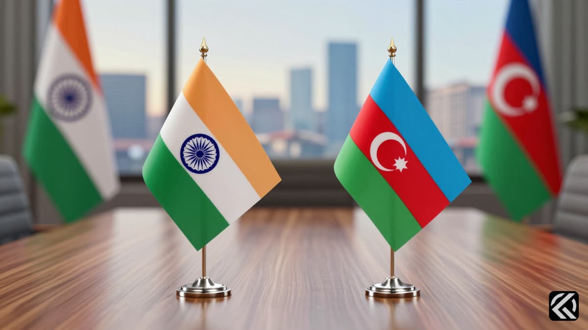 Indian and Azerbaijani flags on a table symbolizing diplomatic reset after tensions.