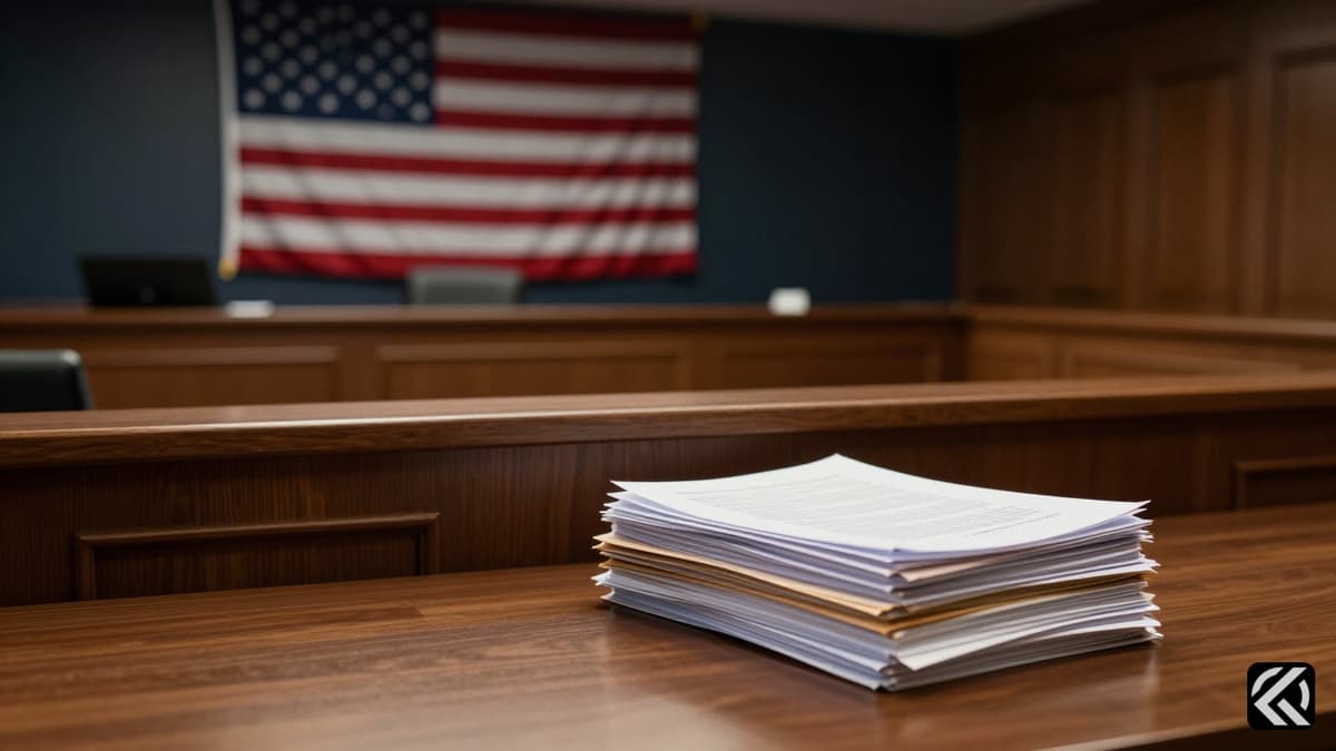 A judge's bench in a US courtroom with a stack of legal documents and an American flag in the background.