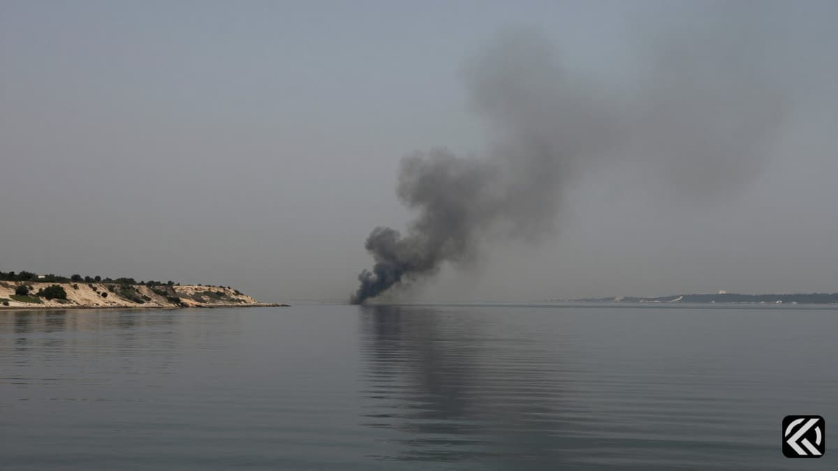 A realistic photo of the Strait of Hormuz with rising smoke plumes, symbolizing recent aerial strikes without showing people or text.