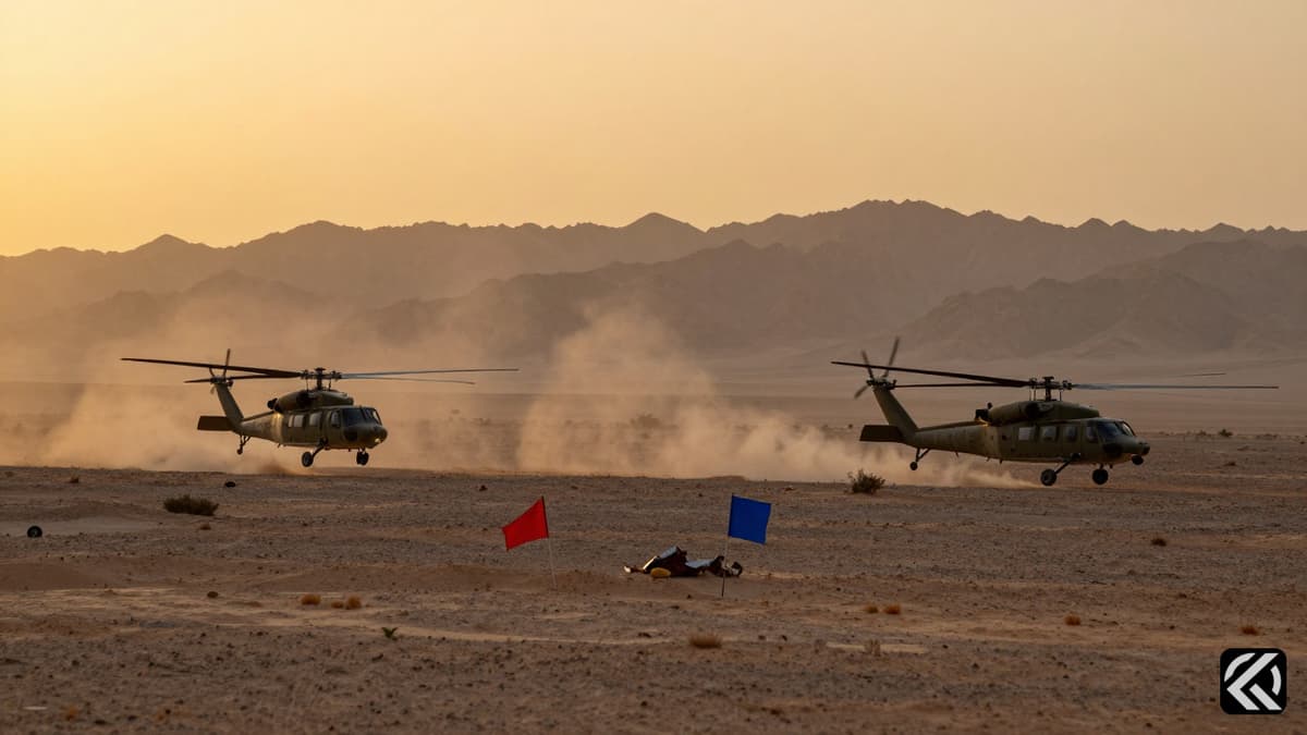 Military helicopters hovering over a desert search zone near Khuzestan with flags marking the area.