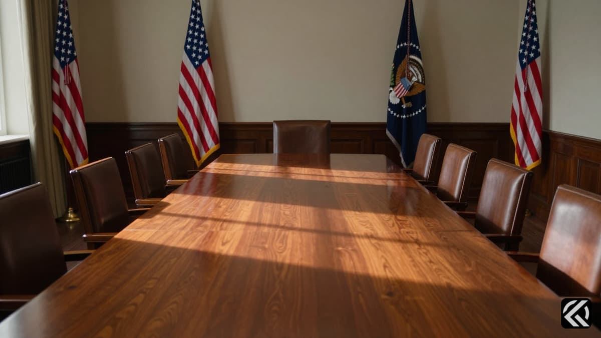 Empty government meeting room with American flags and shadows symbolizing uncertainty in the White House.