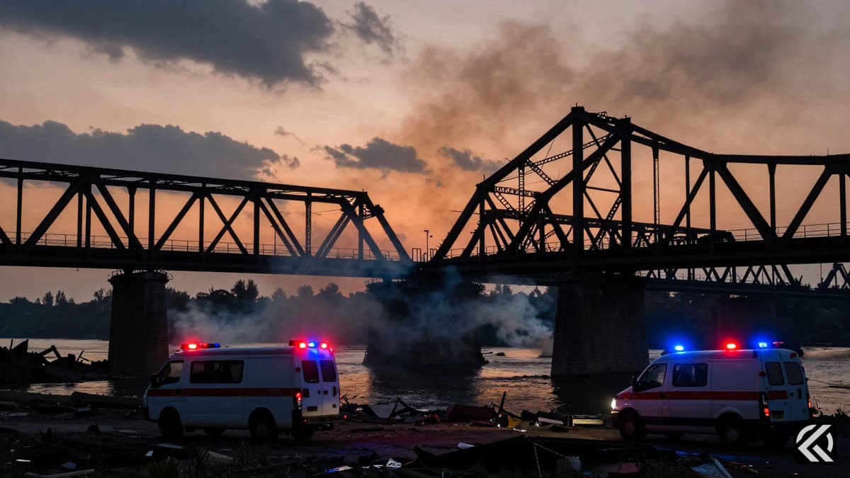 A destroyed bridge and emergency vehicles at dusk representing the region's conflict.