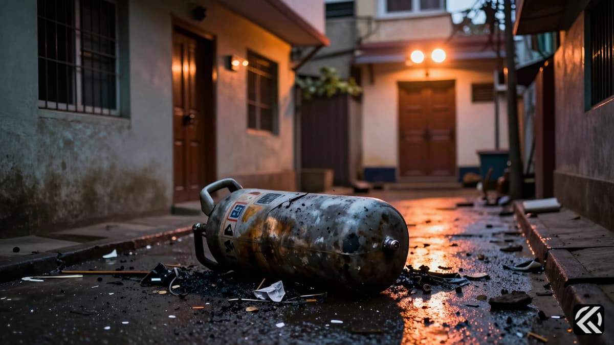 A damaged gas cylinder and debris in an Indian residential alley following a suspected blast.