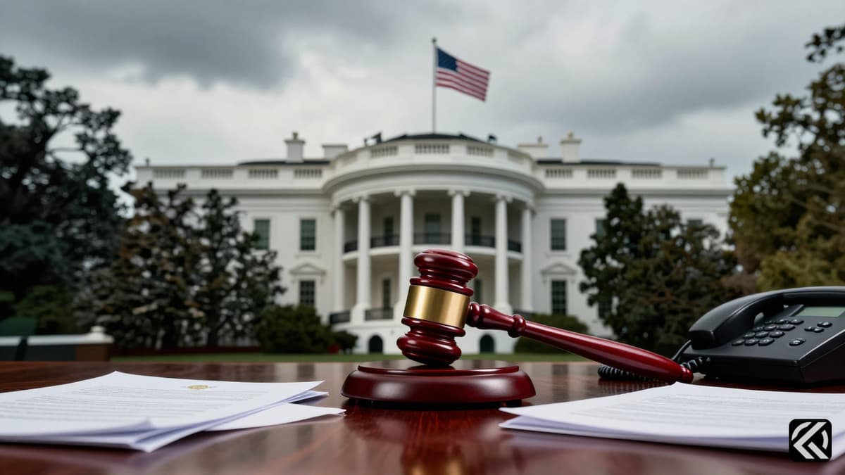 A red gavel on a desk with an American flag outside symbolizing executive firings.
