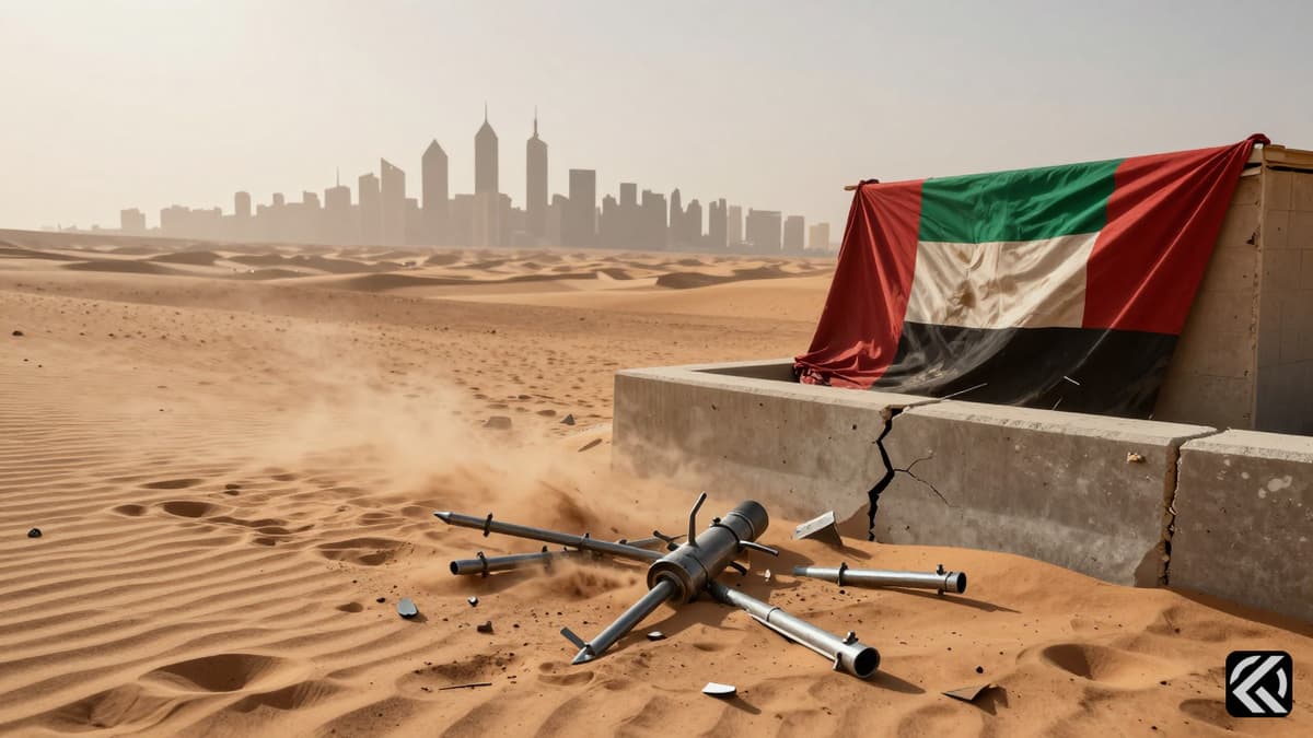 Metallic debris scattered on sand in Abu Dhabi after a missile interception event, with UAE flag nearby.