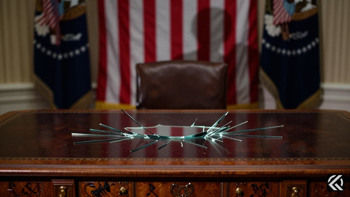 Shattered glass on a presidential desk with a blurred American flag representing executive instability.