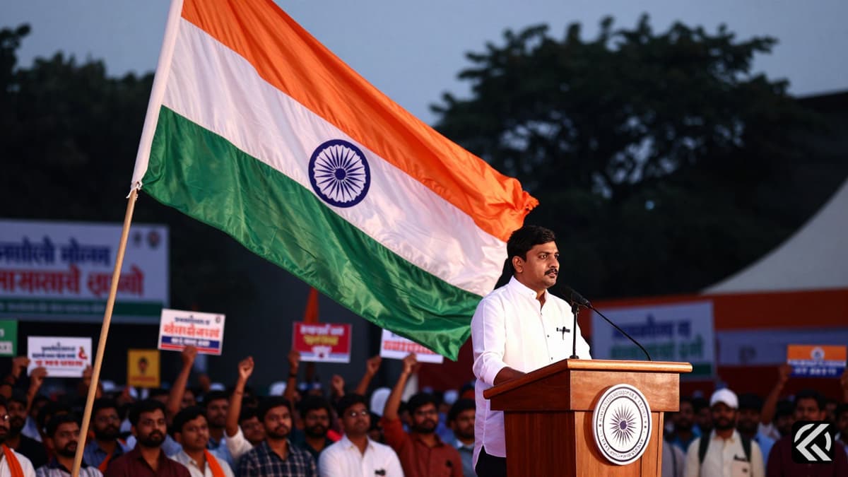 A political rally stage in West Bengal with an Indian flag and campaign banners under dramatic lighting.