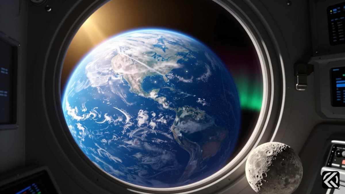 A view of Earth and moon from a spacecraft window with aurora glow.