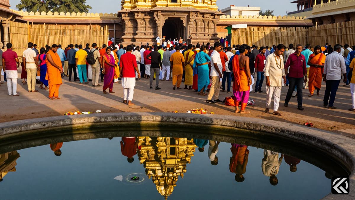 Devotees crowd near a temple pond during a chaotic pilgrimage event in Nalanda district.