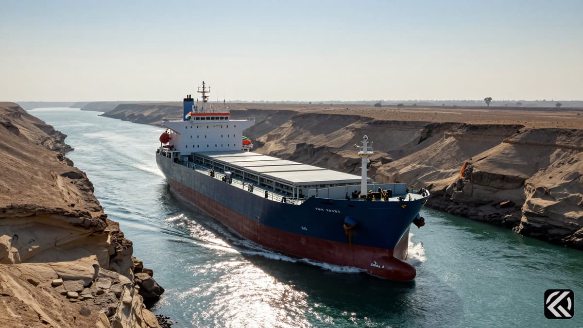 An India-flagged cargo ship navigating a narrow strait with rocky shores under a clear sky.
