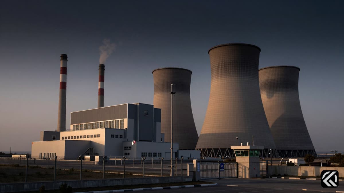 Exterior view of the Bushehr nuclear power plant with smoke rising near the perimeter fence under a dramatic sky.