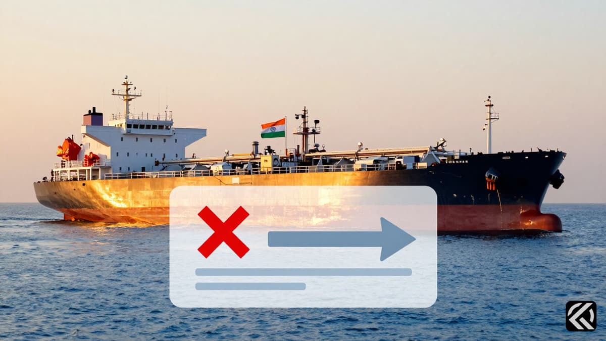 Oil tanker on sea with Indian and Iranian flags and a red X symbol over a directional arrow.