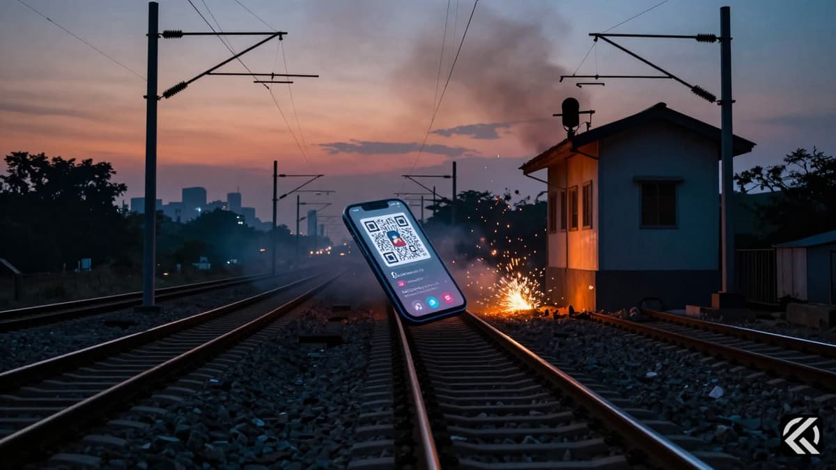 A dramatic dusk view of railway tracks and signal boxes with digital overlays symbolizing a terror module targeting infrastructure.
