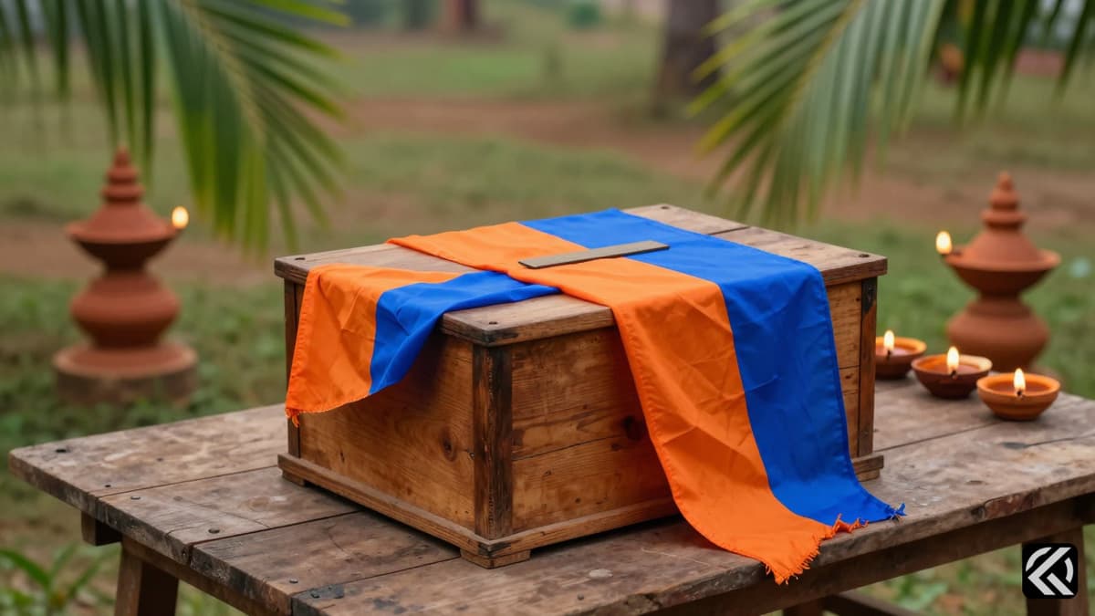 A realistic photo of a wooden ballot box draped in BJP flags with traditional Tamil Nadu elements in the background.