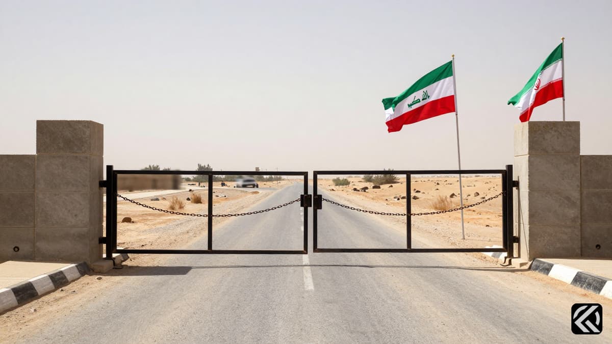A closed border gate at the Iraq-Iran crossing with flags on the ground.