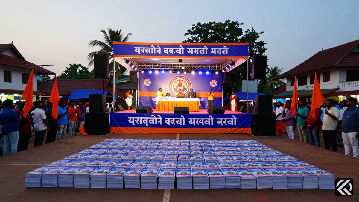 Crowd at a Kerala political rally with party banners and campaign materials during the 2026 elections.