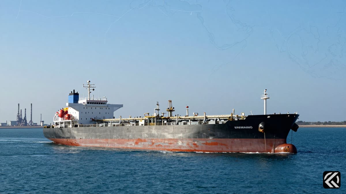 A large oil tanker navigating the Strait of Hormuz with a coastal refinery in the background.