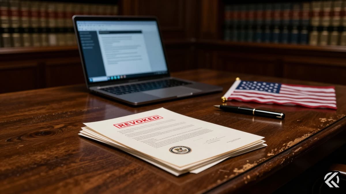 A dimly lit government desk with revoked documents and a folded flag symbolizing US immigration action.