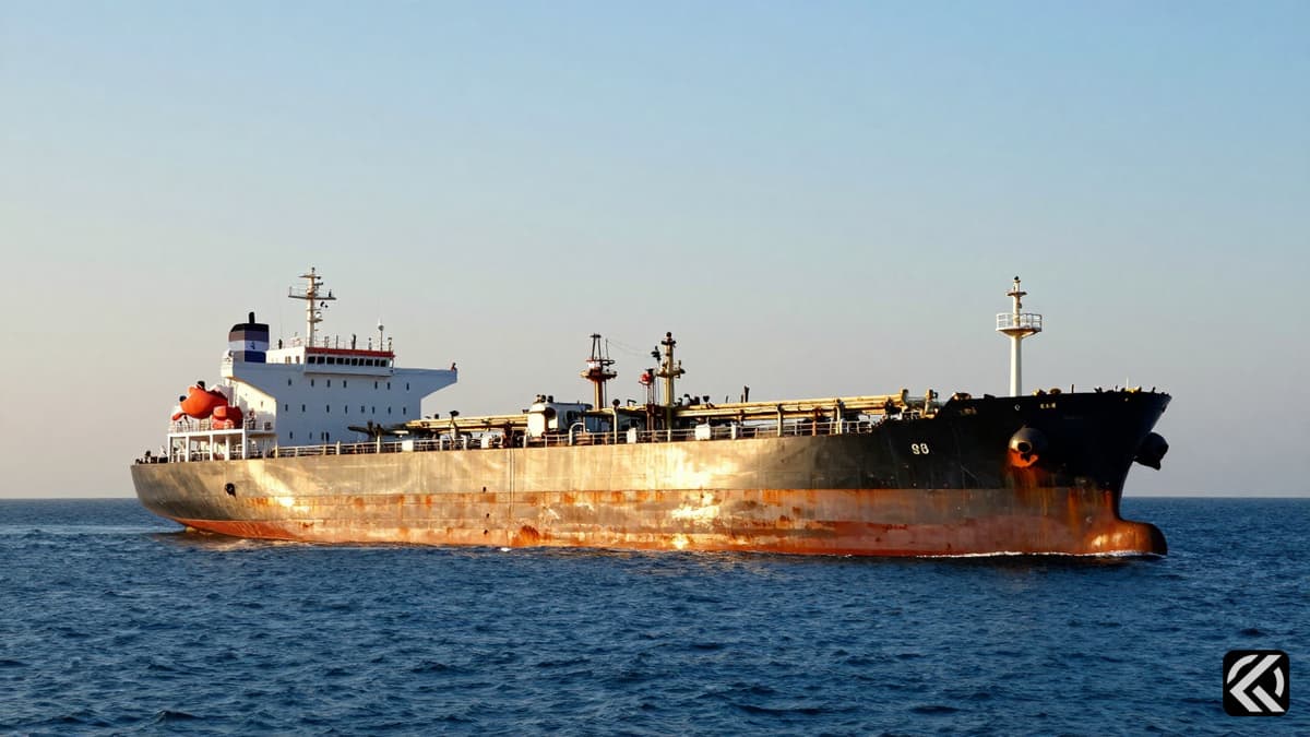 An oil tanker sailing through the Strait of Hormuz with flags visible on the mast.
