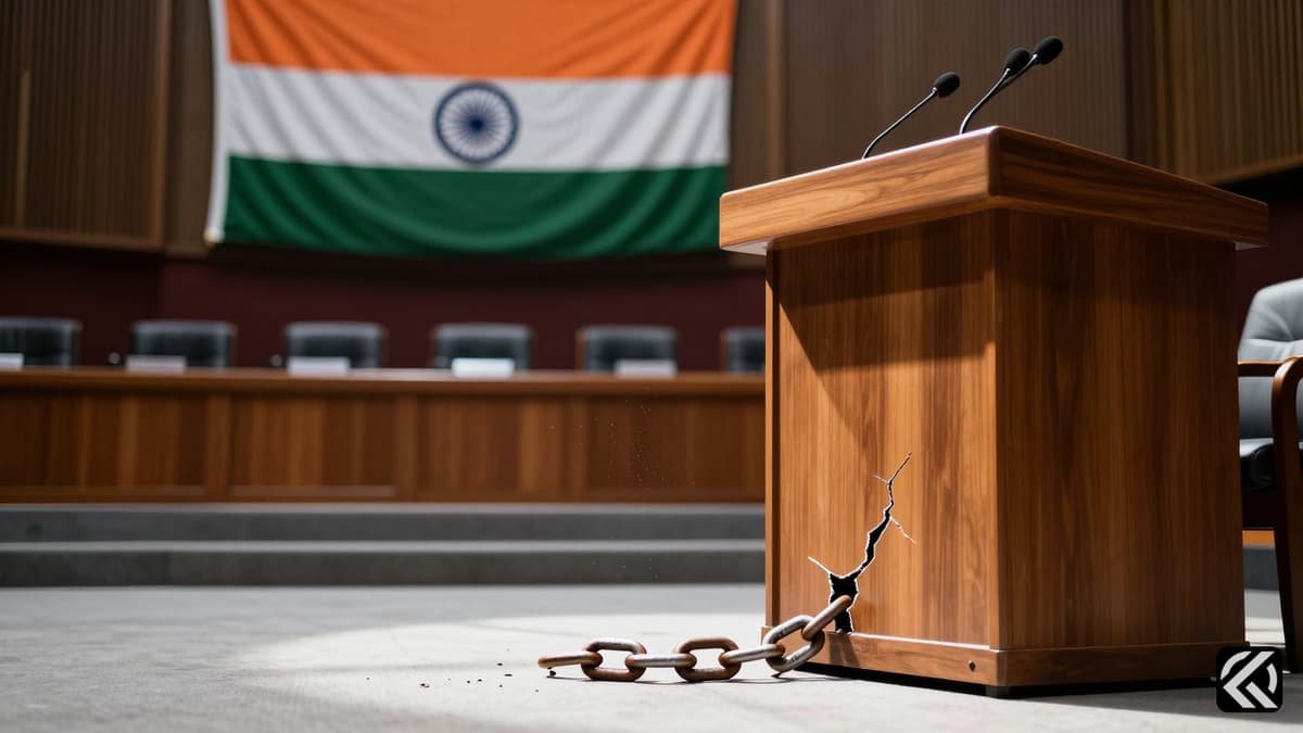 A solemn legislative podium with an Indian flag and a broken chain link symbolizing a fractured political alliance.