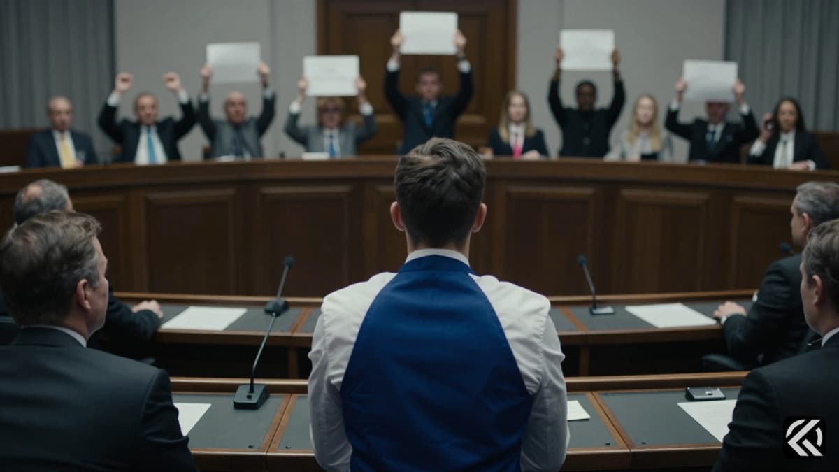 A tense parliamentary chamber scene depicting a political standoff with raised hands and microphones.