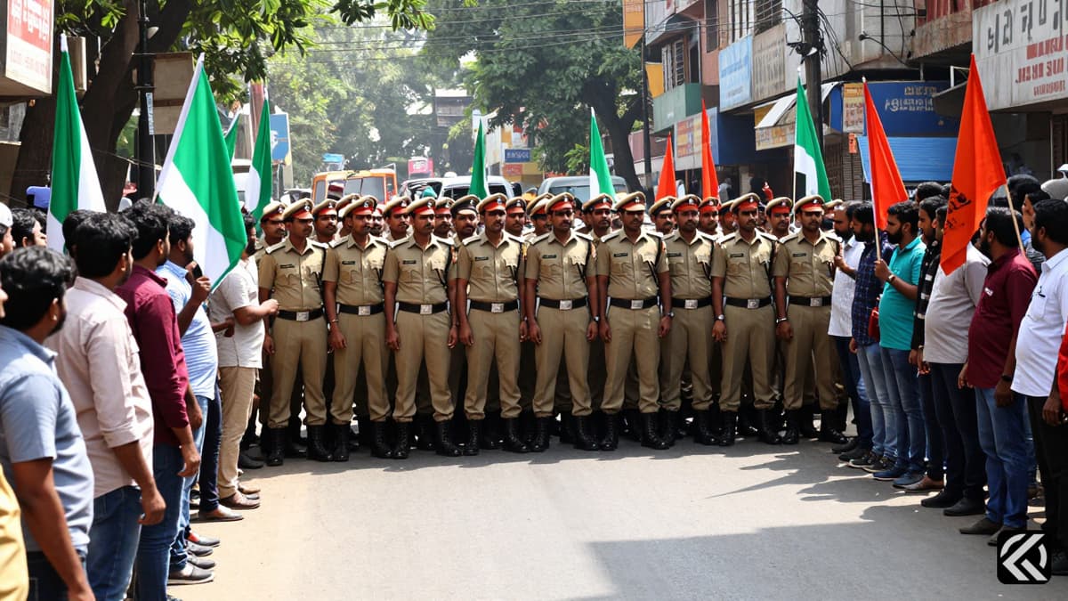 Police form a human wall separating opposing political supporters during a tense street confrontation in an urban setting.