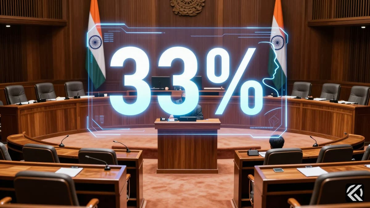 Symbolic view of an Indian parliamentary chamber highlighting the 33% women quota with a female silhouette overlay.