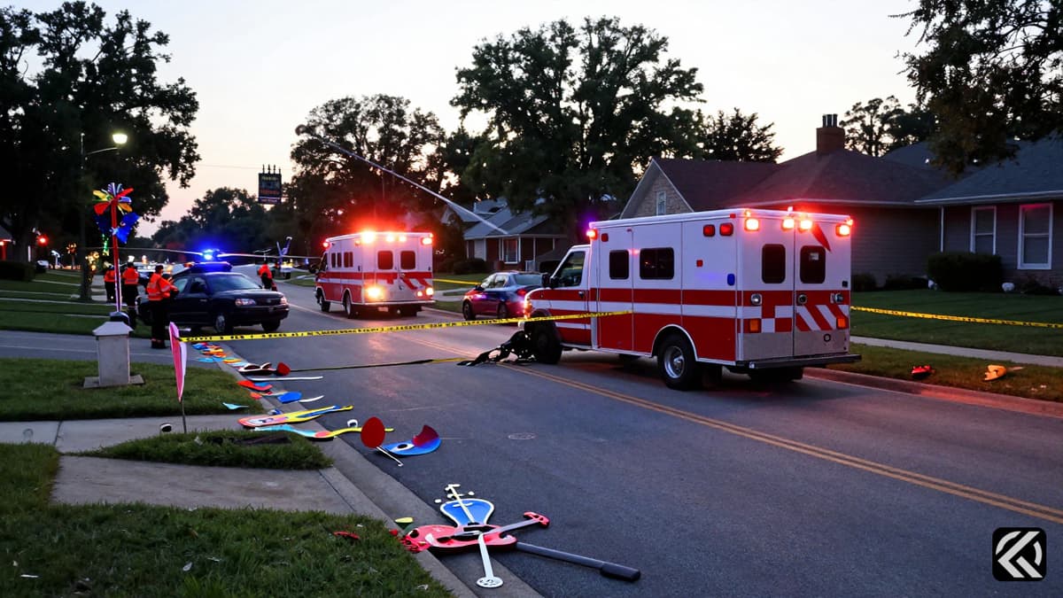 Emergency vehicles and yellow tape surround a crash site at a Louisiana festival with festive decorations in the background.