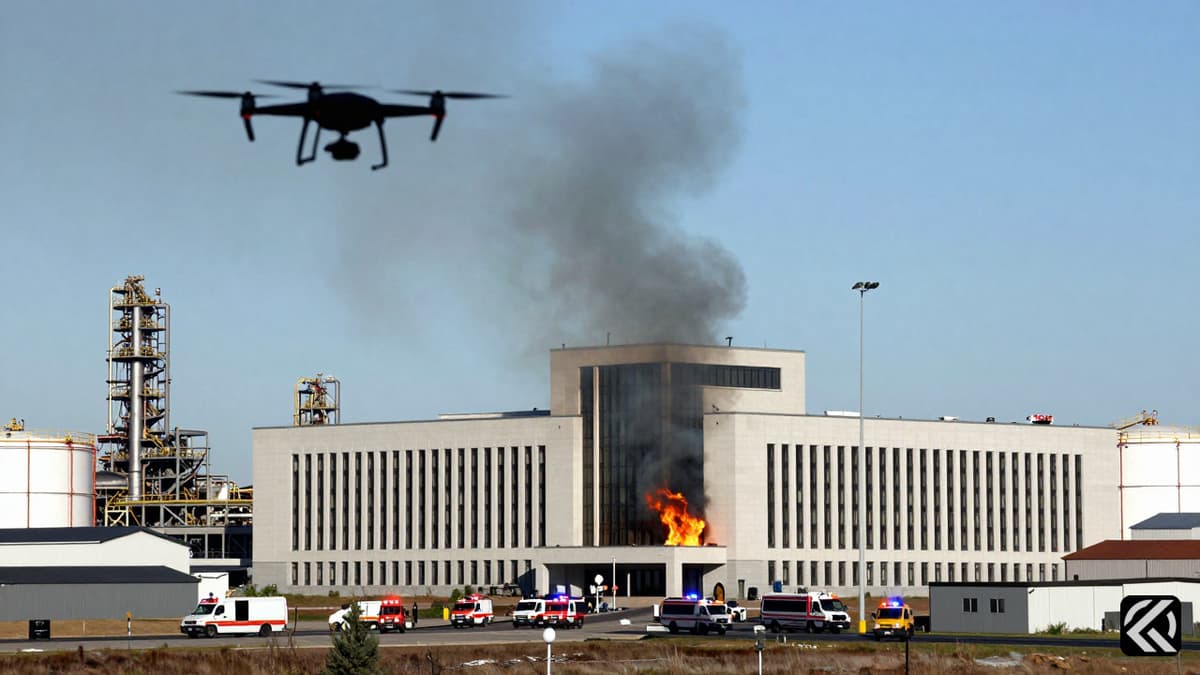 Flames rising from a damaged government complex and oil facility during a drone strike.