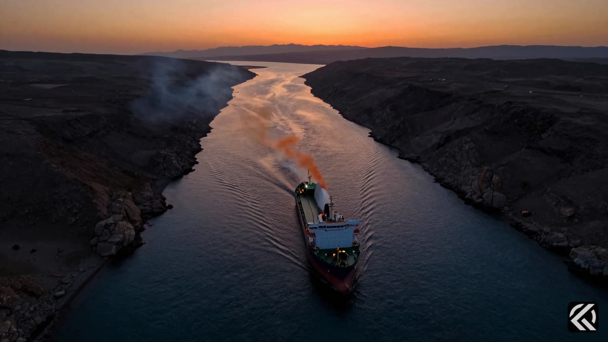 Aerial view of a tense maritime strait at sunset with a burning ship, symbolizing the geopolitical conflict.
