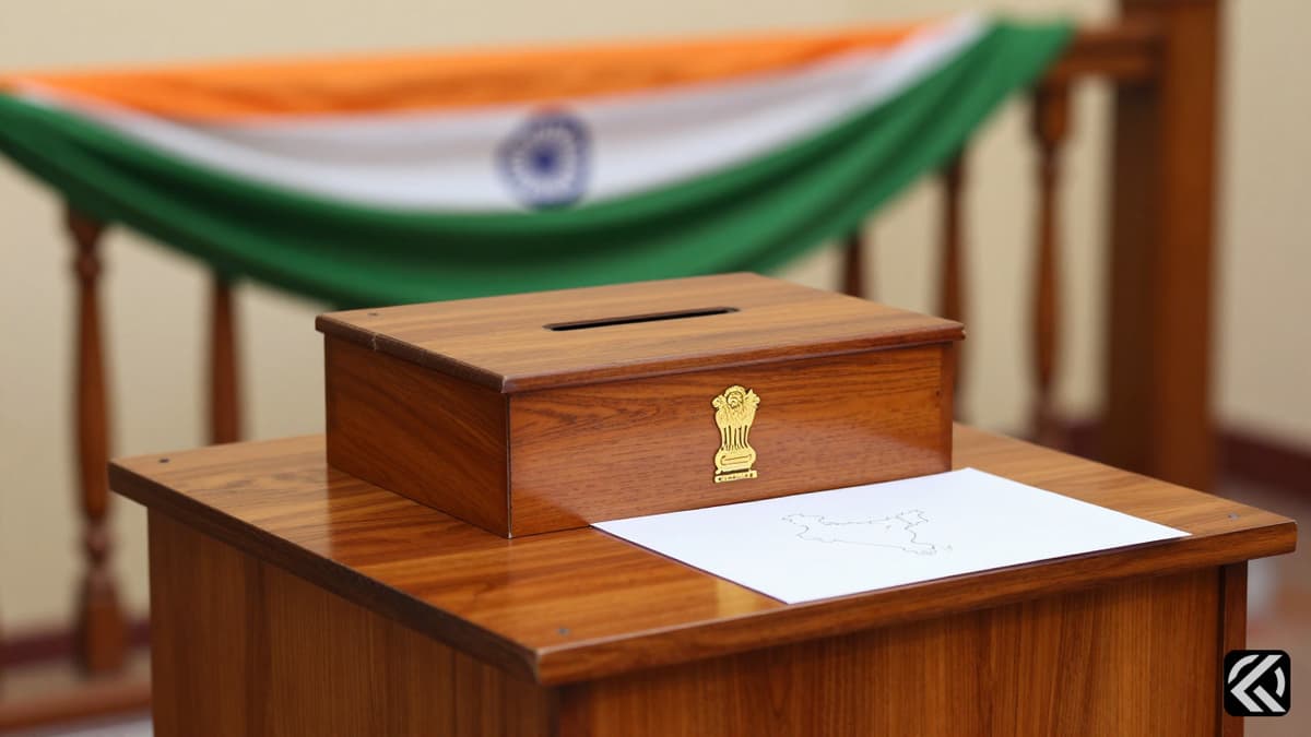 A wooden voting booth with a ballot box and Indian flag background symbolizing democratic elections and constitutional amendments.