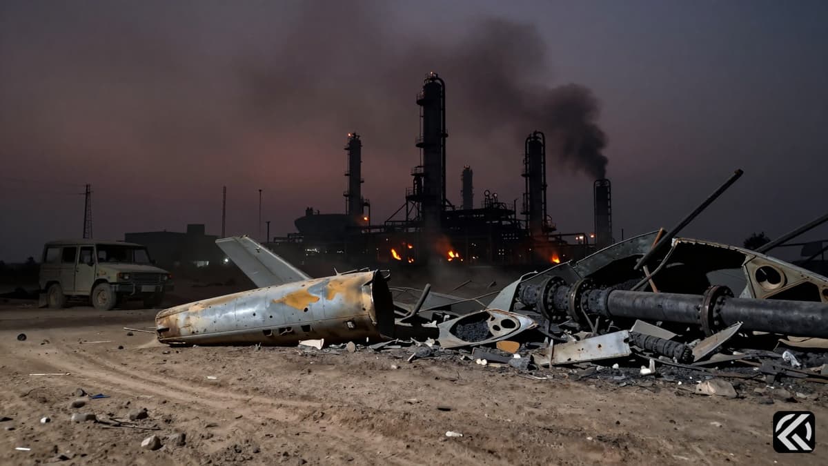 Dusty rugged terrain with industrial debris and fire from petrochemical strikes under a dark sky.