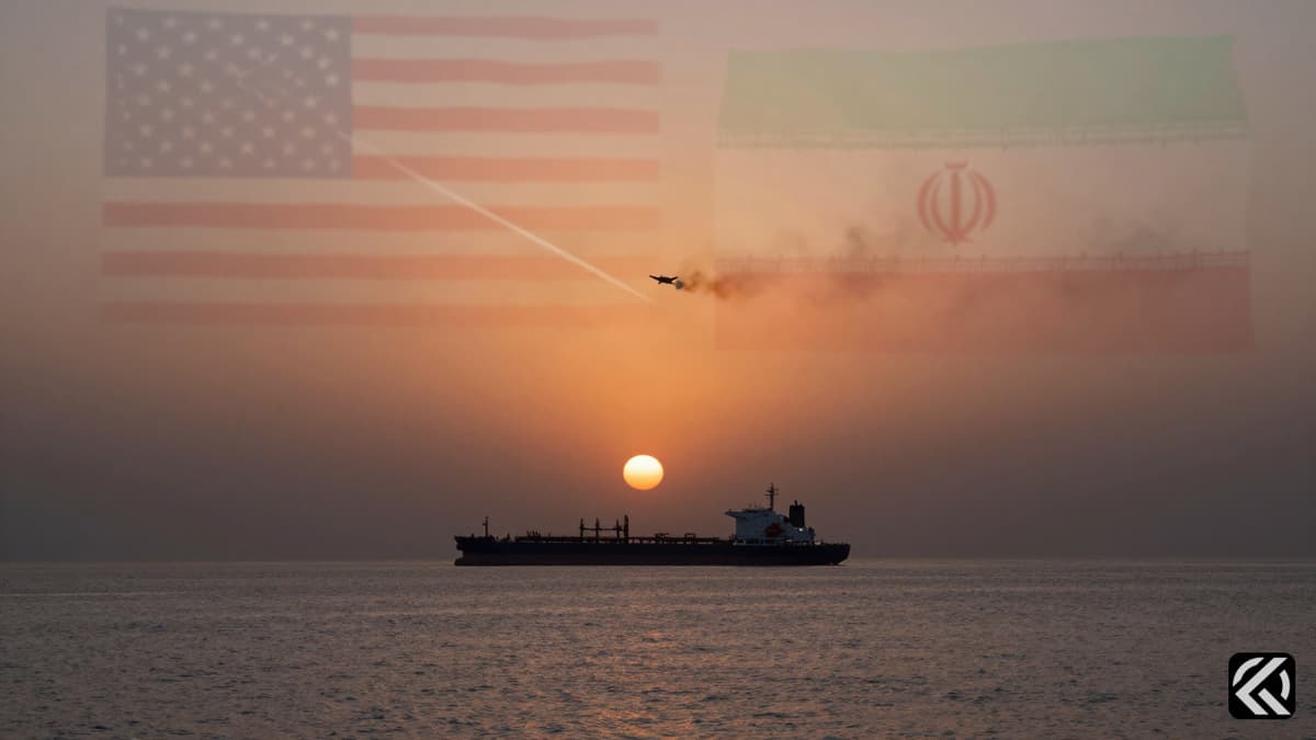 Silhouette of an oil tanker and smoke trails over the Persian Gulf symbolizing the Iran-US military conflict.