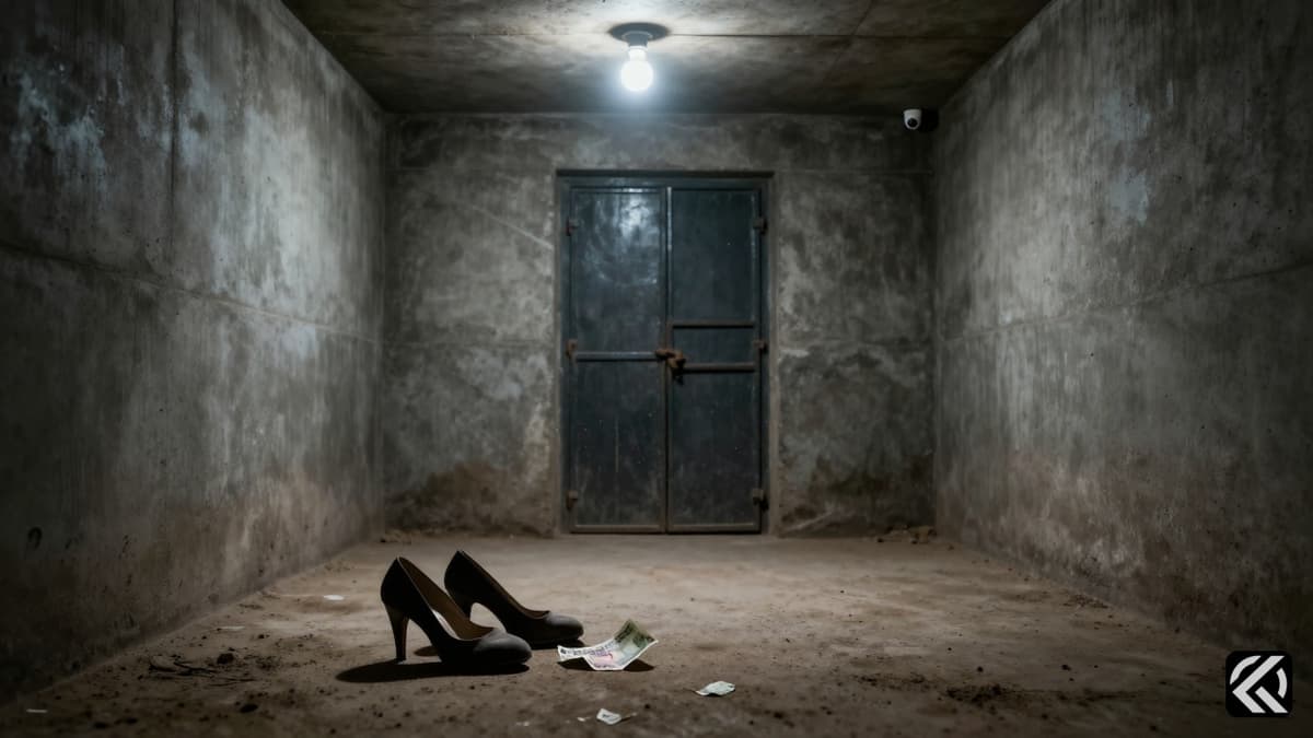 Dimly lit room with discarded shoes and a banknote symbolizing a secret location and financial dispute.