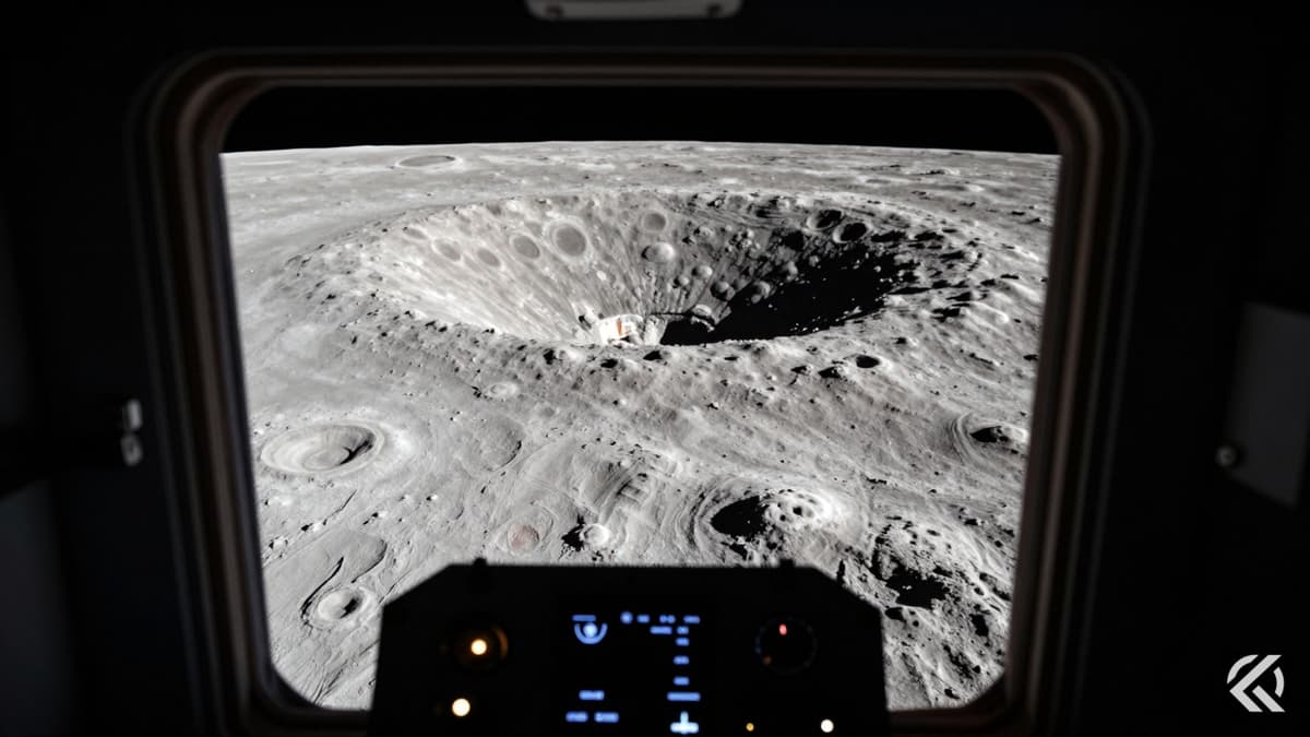 A view from inside the Orion spacecraft showing the shadowed Orientale basin on the moon's surface.