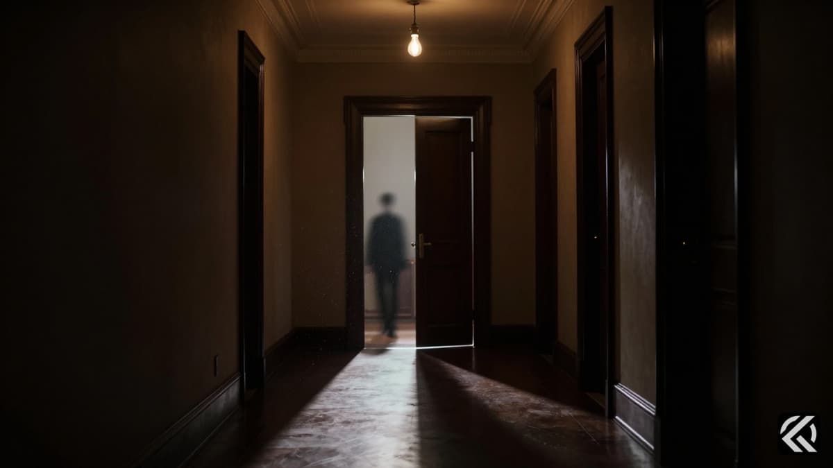 Dimly lit mansion hallway with dramatic shadows and a single light source symbolizing political secrecy and hidden secrets.