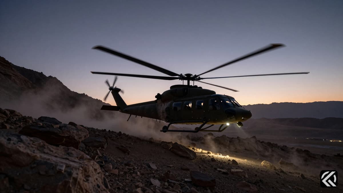 Military helicopter hovering over rugged terrain at dusk during a rescue mission.