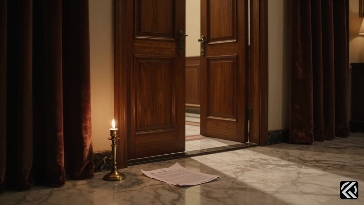 Dark hallway of a secret mansion with shadows and a discarded document symbolizing a political scandal.