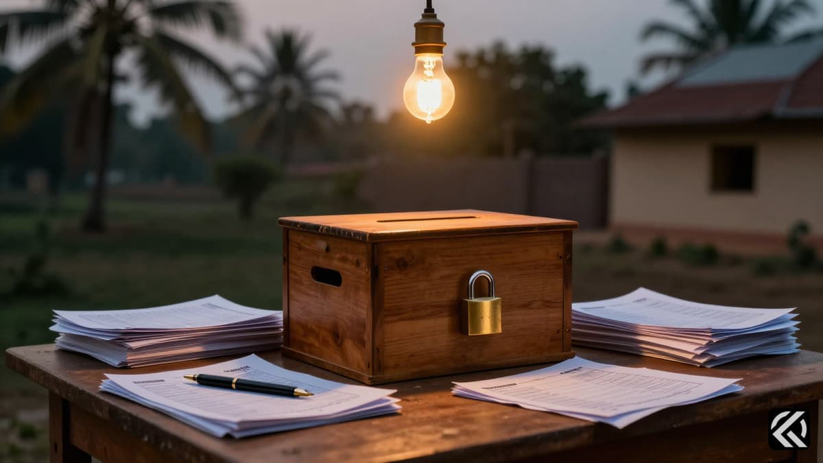 A ballot box on a table with voter lists under warm light, symbolizing election security.