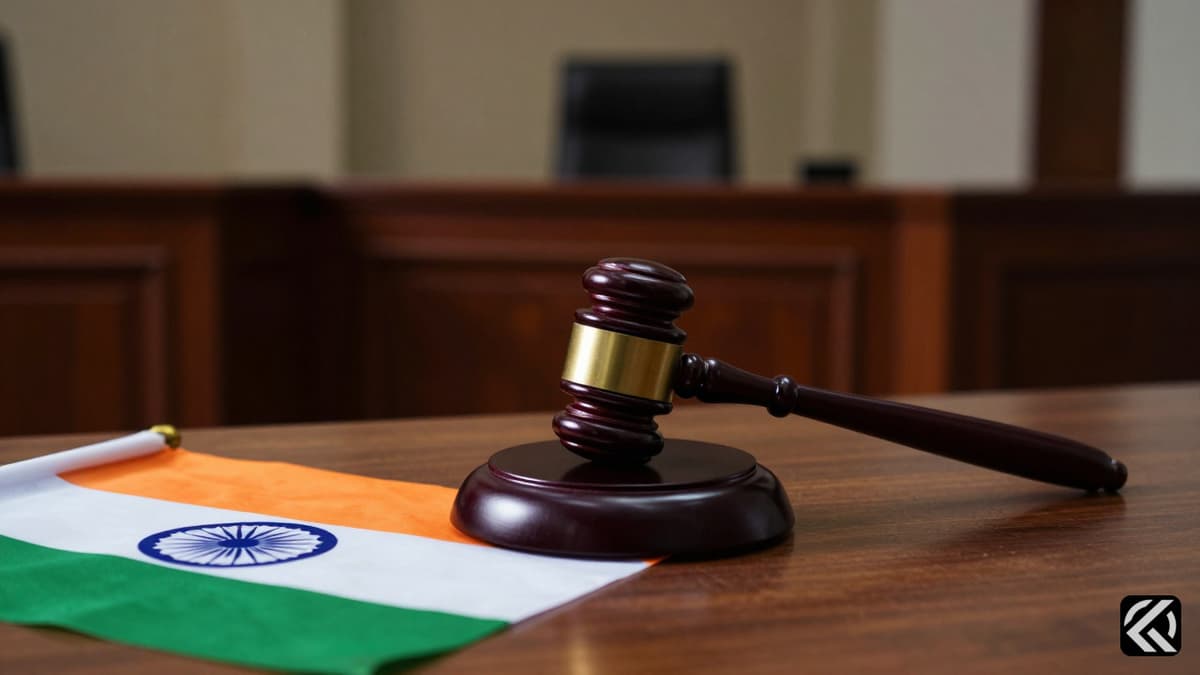 A realistic photo of a gavel and Indian flag in a courtroom symbolizing a legal case.