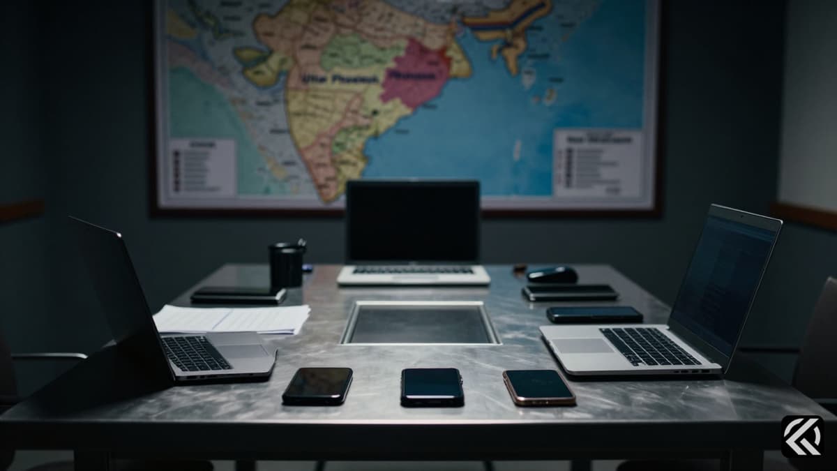 Confiscated electronic devices on a police table with a blurred map of India in the background during a terror investigation.