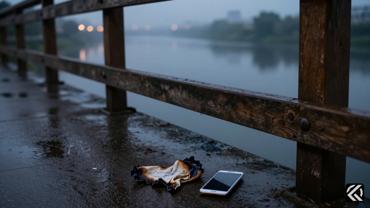 A somber outdoor scene near a bridge at dusk featuring burnt fabric and a discarded phone on wet pavement, symbolizing a crime investigation.