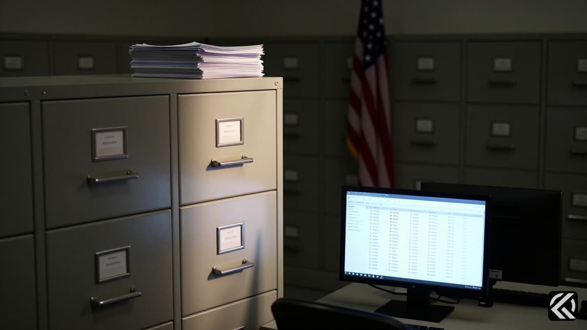 A realistic government archive room with filing cabinets and a digital screen displaying voter data records.