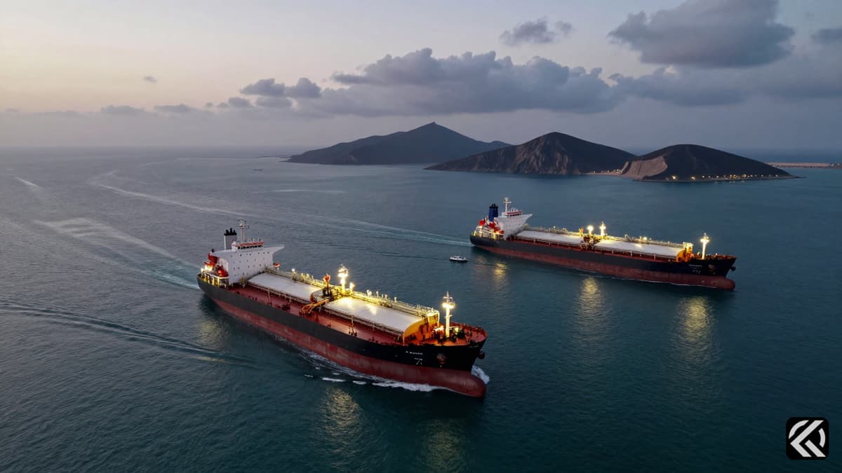 Oil supertankers and an LNG carrier transiting the Strait of Hormuz near Larak Island under a cloudy sky.