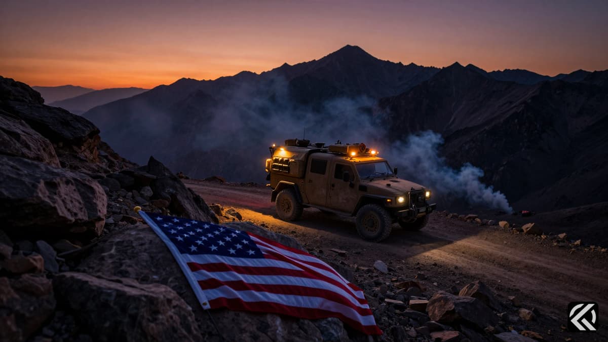 Rugged mountain ridge at dusk with a search and rescue vehicle and American flag symbolizing the Iran rescue mission.